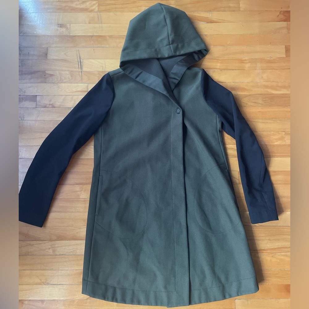 lululemon athletica Olive Green Hooded Coat with Black Sleeves